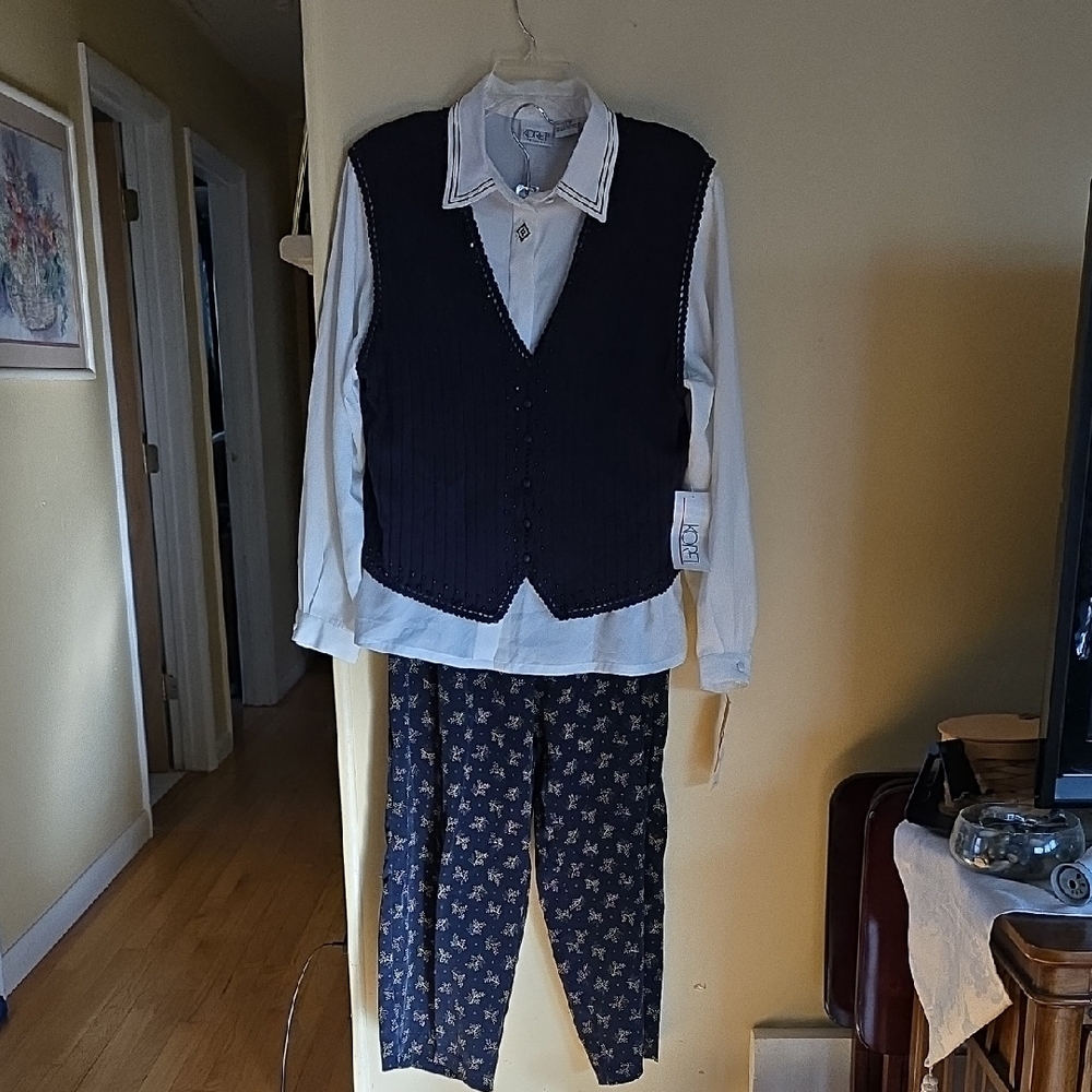 Women's Navy Blue and White Blouse And Navy Vest Set.